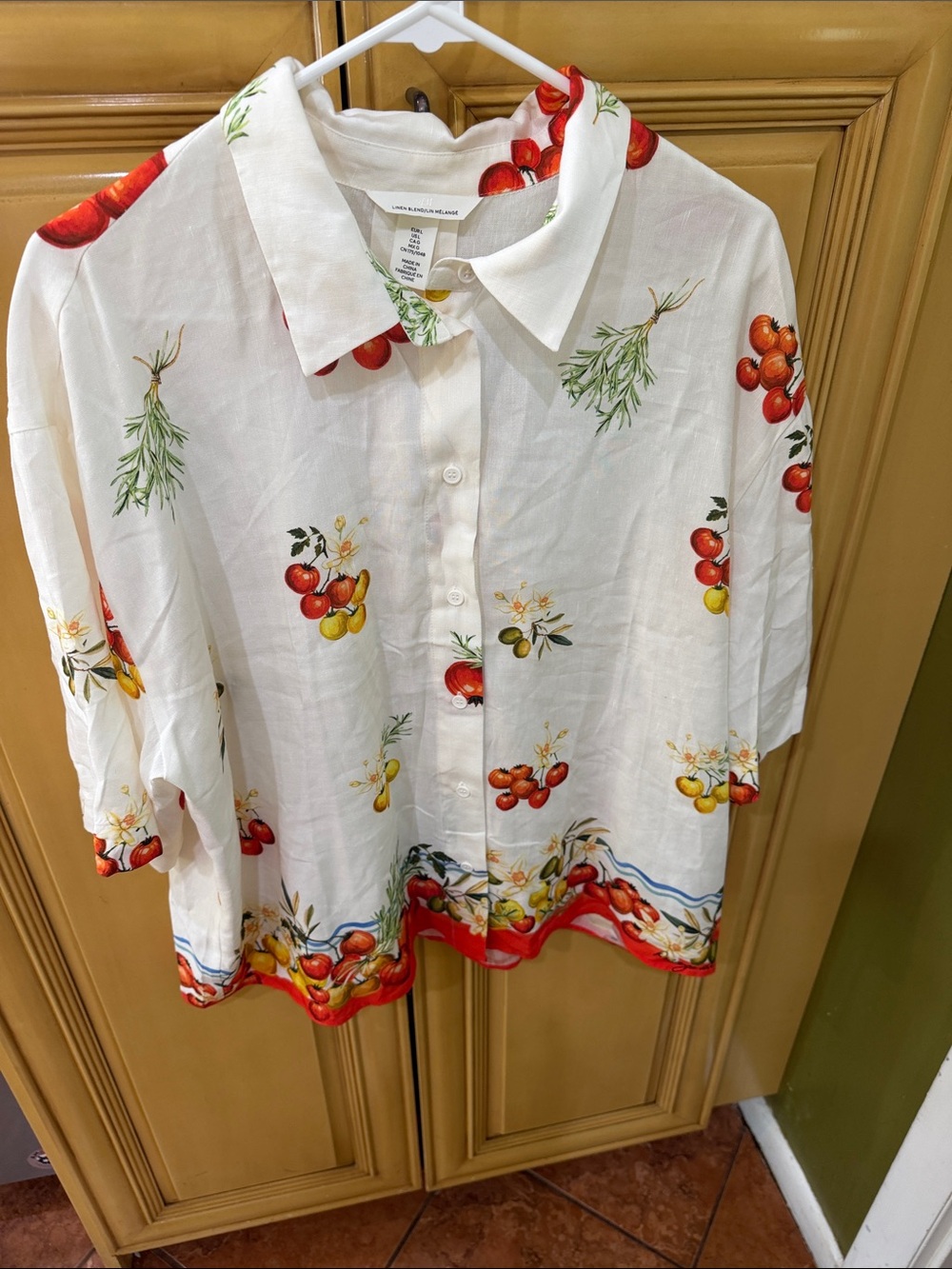 Linen-Blend White Fruit Print Button-Down Shirt